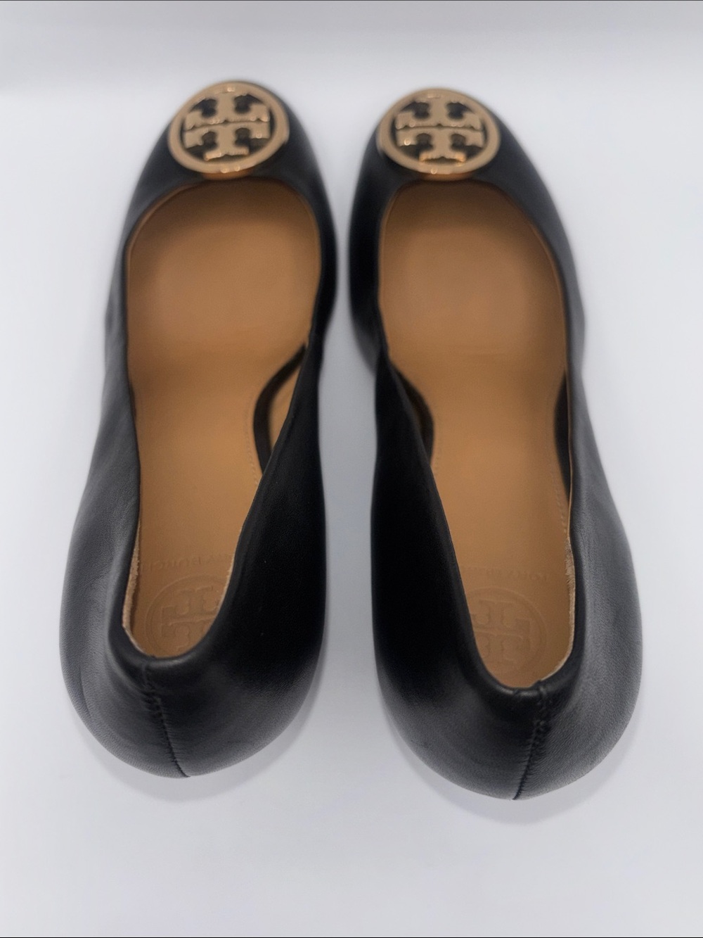 Tory Burch Black Leather Wedges with Gold Logo Medallion - Picture 6 of 12